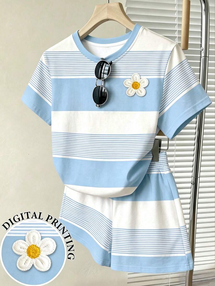 Tween女孩休閒舒適藍色條紋3D花卉圖案寬鬆圓領T恤與寬鬆短褲2件套,適合日常、外出、學校、返校,甜美少女風,慵懶隨性 - 彩色 - 查看 1