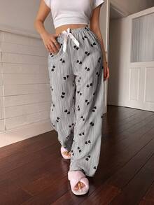 Dream Adore Women's Striped Heart Print Bow Decor Waist Pajama Pants - Black - View 3