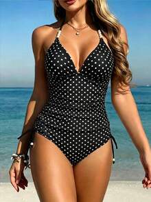 Sunnyshic Beach Party Outfits For Woman Vacation Solid Color Knitted Textured Spot Beaded Drawstring Spaghetti Strap Bikini Top Black And White Polka Dot Summer - Black - View 1