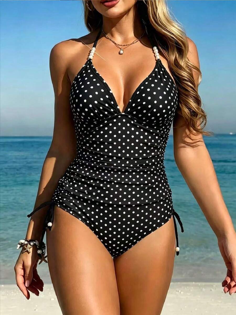 Sunnyshic Beach Party Outfits For Woman Vacation Solid Color Knitted Textured Spot Beaded Drawstring Spaghetti Strap Bikini Top Black And White Polka Dot Summer - Black - View 1
