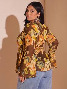 SHEIN BAE 大尺碼女款春夏網紗花卉印花喇叭袖上衣 - 彩色 - 查看 5