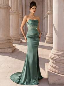 Coutiva Women's Rhinestone Embellished Front Hem Split Formal Evening Gown (Heavy Workmanship Style) - Mint Green - View 6