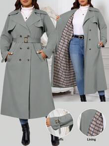 SHEIN Clasi 大尺碼女款純色休閒百搭日常旅行風衣外套 - 霧霾藍 - 查看 1