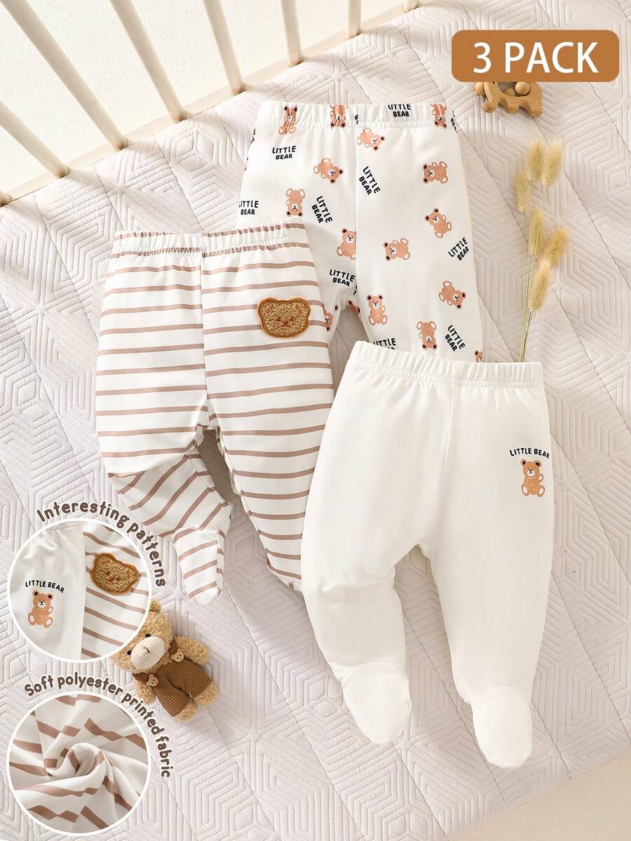 SHEIN 新生兒女嬰休閒可愛黃色小熊、粉色小貓、白色小兔連腳褲 - 棕色 - 查看 1