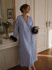 DAZY Summer & Autumn Charming Striped Plush Cuff Loose Fit Women's Robe - Blue - View 4