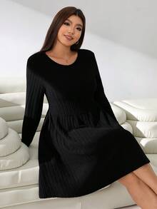 Solflare Plus Size Casual Versatile Solid Color Dress Fall - Black - View 3