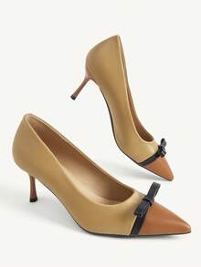 CUCCOO CHICEST Women's New Camel Brown Colorblock Pointed Toe Bow Low Cut Stiletto High Heels PU Leather Fashion Elegant Wedding Party Fall Shoes - camel brown - View 10