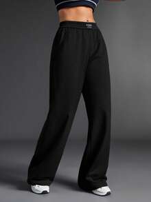 SHEIN Sports Women's Letter Print Denim Casual Daily Outdoor Long Pants - Black - View 7