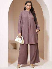 Solavon Plus Size Elegant Commuter Solid Color Shirt & Pants 2 Pieces Set - Dusty Pink - View 7