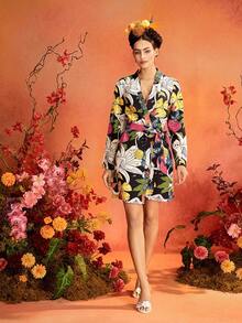Glamance Frida Kahlo X SHEIN 花卉與動物印花繫腰晨袍，優雅成熟休閒性感套裝，適合辦公室、日常穿著、派對、生日、度假、中東旅行、海灘、泳裝、波希米亞風、亡靈節、萬聖節、開學季、日、瓜達露佩聖母節、夏季 - 黑色 - 查看 6