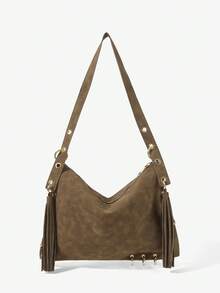 Viva Strut Ladies Bag, Y2K Punk Retro Bag, Metal Ring Decoration, Fringed Decoration, Bohemian  Handbag, Suitable For Campus, Shopping, Festivals, Commuting - Coffee Brown - View 2
