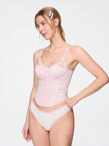 Bonmuse Spring/Summer Ins Fresh Sweet Style Lace Bustier With Underwire & Boning, Tight Waist Tie-Up Sexy Camisole Corset For Women - Baby Pink - View 4