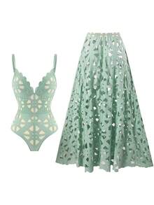 Sirith Summer New Shoulder Strap Black Laser Cutout Hollow See-Through Sexy Women's One-Piece Swimsuit Dress Set High-End Fashion One-Piece Set - Green - View 2