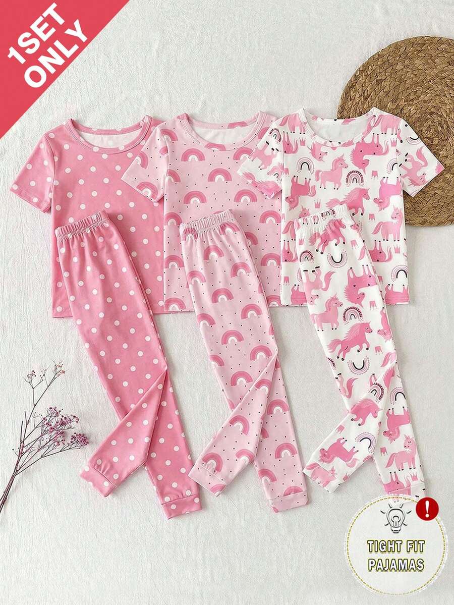 【随机3套,寄送1套】女童睡衣,春夏新品,可爱畅销经典元素,包括独角兽、彩虹、波点印花,紧身弹力针织面料,短袖上衣+裤子睡衣套装(随机搭配) - 粉色 - 查看 1