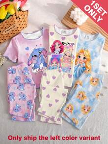 Young Girls Pajamas 4-Season Cartoon Heart Bow Rabbit Combination Pattern Print Contrast Color Ruffle Trim Round Neck Pullover T-Shirt All-Over Print Long Pants Loungewear Set 1Set - Pink - View 4