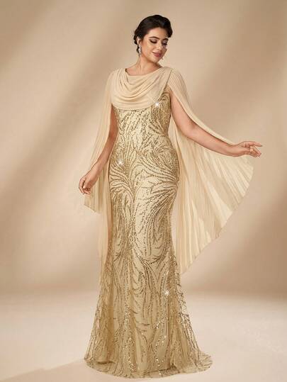 Serin Plus Size Elegant Glamorous Champagne Gold Sequin & Chiffon Cowl Neck Pleated Flared Sleeve Mermaid Maxi Dress, Suitable For Wedding, Birthday Party, Formal Evening Event, Mother Of The Bride