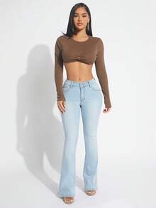 SHEIN SXY 拉鏈門襟牛仔喇叭褲 - 淺色水洗藍 - 查看 5