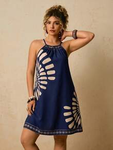 Travachic Plus Size Women's Colorblock Casual Daily Summer Halter Neck Dress - Multicolor - View 7