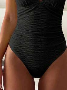SHEIN Swim 2026春夏深V领修身优雅精准连体泳衣，适合海滩摄影，女士连体泳衣，全包覆式女士连体泳衣 - 黑色 - 查看 5