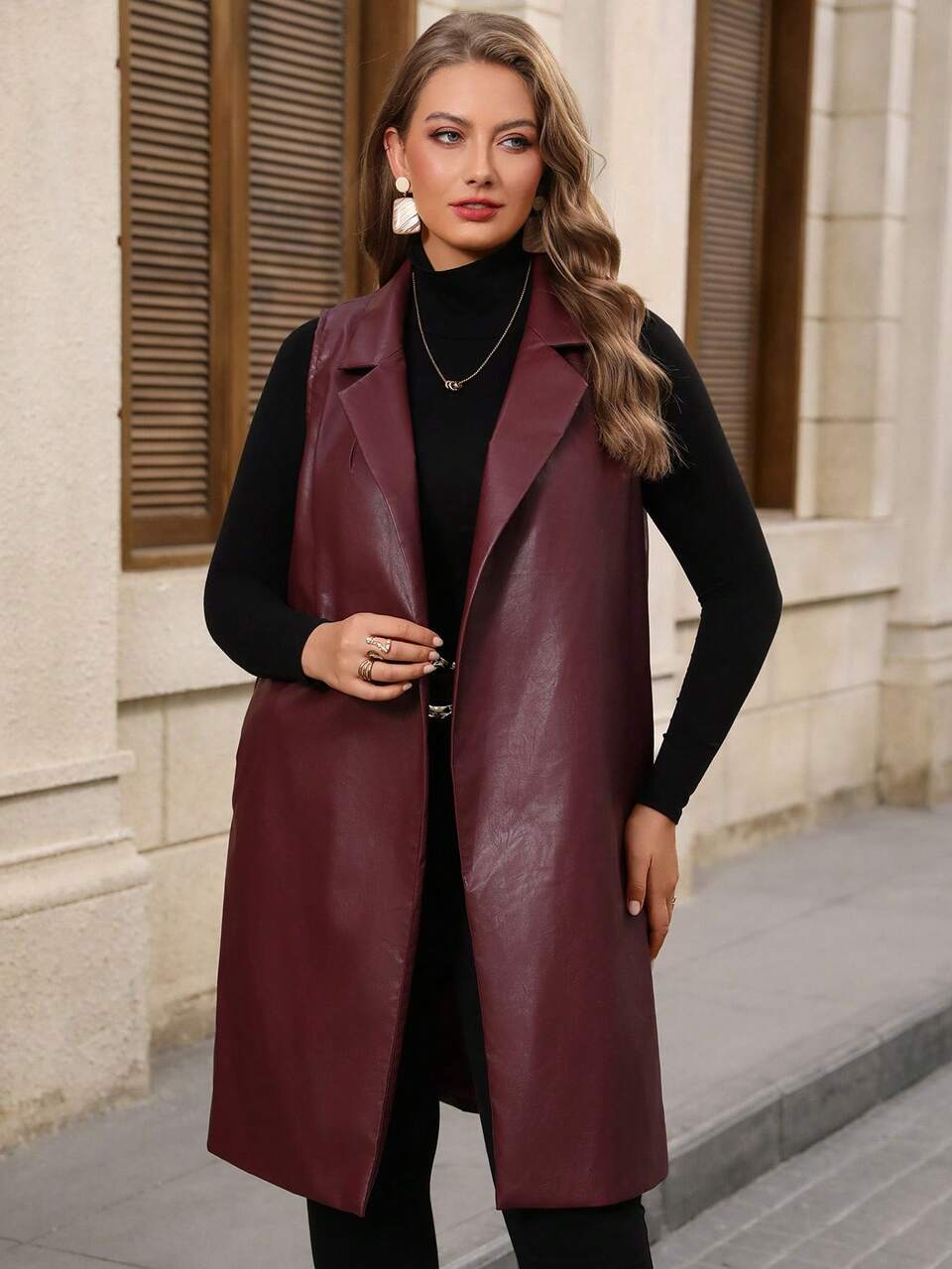 Women's Plus Size Sleeveless Lapel PU Burgundy Jacket