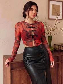 EastFlair Plus Size Women's Fashion Sexy Dragon Pattern Mesh Frog Button Top Autumn Date Night Brunch Cocktail Red - Red - View 1