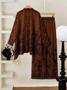 EMERY ROSE Plus Size Women's Floral Print Long Sleeve Top And Pants Casual Daily 2-Piece Set - Brown - View 2