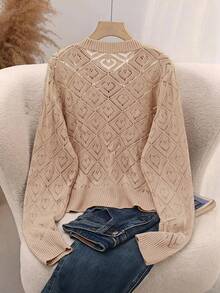 SHEIN Clasi Solid Color Hollow Knit Plus Size Cardigan - Khaki - View 2