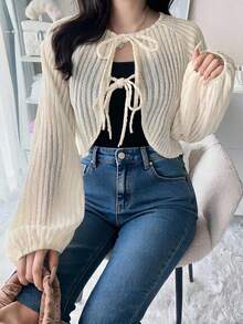 FRIFUL Atasan Wanita Model Regular Berlapis dengan Kain Bertekstur Ribbed Korea Terbaru untuk Awal Musim Gugur, Model Ikat Depan, dan Model Lucu. - Aprikot - View 7