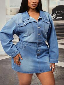 Slaydiva Gaun Bodycon Biru Non-Stretch untuk Wanita Ukuran Plus Model Cowgirl Outfit - Light Wash - View 5