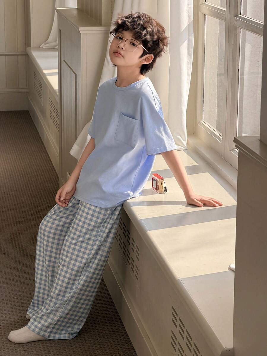 DAZY Tween Boy Summer Casual Comfortable Pocket Tee And Plaid Shorts Pajama Set Spring - Blue - View 1