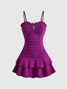 ROMWE Women's Mini Dress Cross Y2K Ruched Tiered Cake Skirt Spaghetti Strap Goth - Purple - View 1