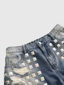 ROMWE Grunge Punk Celana Capri Denim Longgar Bergaya Street Punk Vintage Ukuran Besar untuk Wanita, Sobek, Rusak, dan Bertabur Rhinestone. - Biru - View 3