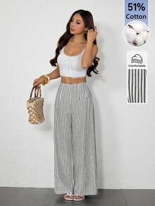 SHEIN PETITE 女款極簡休閒時尚返校季復古條紋高腰紋理寬腿長褲 - 黑與白 - 查看 3