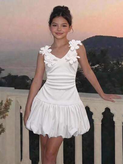 Pitira Tween Girls Elegant Vintage Short Puff Dress, Vintage Waist-Cinching Mini Dress, White Dress, Suitable For Wedding, Date, French Style White Waist-Cinching Dress