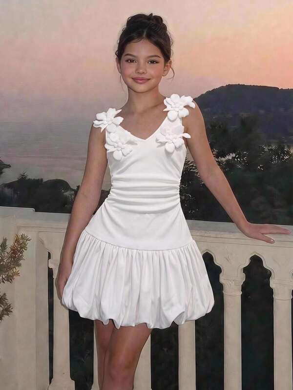 Pitira Tween Girls Elegant Vintage Short Puff Dress, Vintage Waist-Cinching Mini Dress, White Dress, Suitable For Wedding, Date, French Style White Waist-Cinching Dress