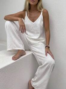 Livesso Conjunto de Pijama Feminino Elegante Minimalista de Verão com Top Regata de Cetim & Calça Longa - Branco - Visão 4