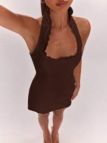 SHEIN BAE Women's Summer Elegant Sexy Halter Neck Mini Dress Night Out Date Night Dark Brown - Coffee Brown - View 6