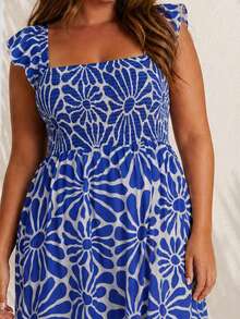 ELLERISSA Plus Size Royal Blue Floral Print Square Neck Shirred Bodice Ruffle Strap Midi Dress - Royal Blue - View 6