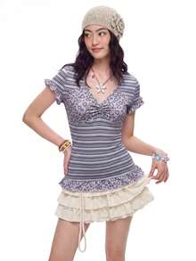 Bloopia Knit Striped Patchwork Grey Leopard Print Short Sleeve Top T-Shirt Summer Y2k Cute Date Night Everyday Autume/Winter Halloween - Multicolor - View 10