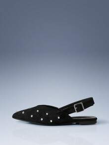 CUCCOO GRLICON Black Velvet Pointed Rivets Back Strap Flat-Soled Shoes Women's Retro Versatile And Thin Mary Jane Shoes Fall Shoes - Black - View 1