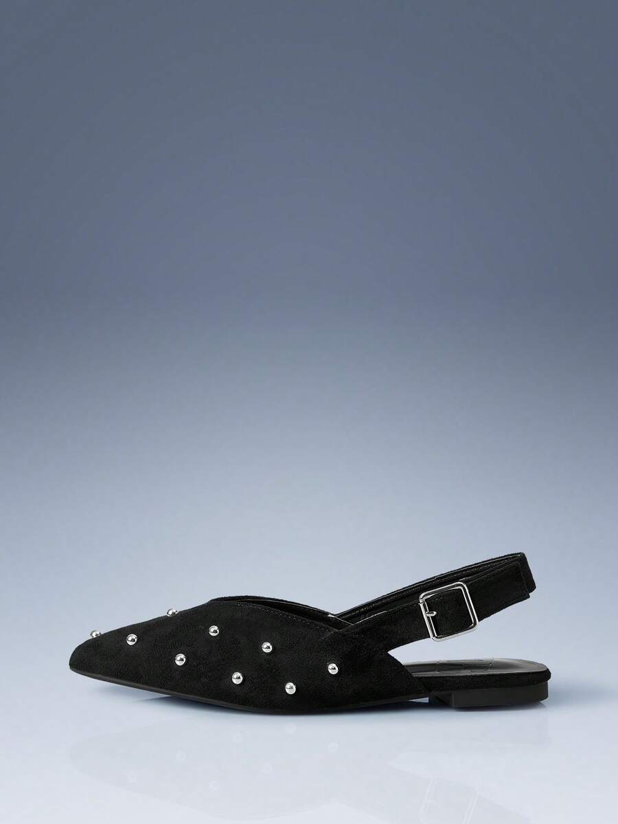 CUCCOO GRLICON Black Velvet Pointed Rivets Back Strap Flat-Soled Shoes Women's Retro Versatile And Thin Mary Jane Shoes Fall Shoes - Black - View 1