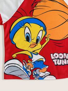 LOONEY TUNES X SHEIN 小男孩圓領字母卡通印花休閒百搭日常出遊短袖T恤 - 紅色 - 查看 6