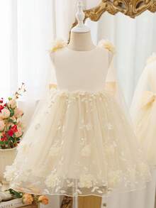 SHEIN Glamorique Kids 優雅香檳色花童禮服，無袖3D花卉刺繡公主長裙，附長款網紗披肩，適用婚禮、生日派對，秋冬款 - 香檳色 - 查看 6