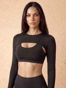 Silquee 1 Peça Top Super Cropped Ajustado de Manga Longa Sólido Esportivo - Preto - Visão 4
