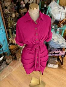 EMERY ROSE Vestido camisa de manga corta con cuello, abotonadura sencilla y cintura con lazo - Rosa Fucsia - Ver 5