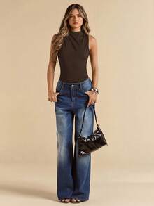 SHEIN BAE Black Backless Asymmetric Cutout Draped Sleeveless Elegant Bodysuit For Women, Summer - Coffee Brown - View 6