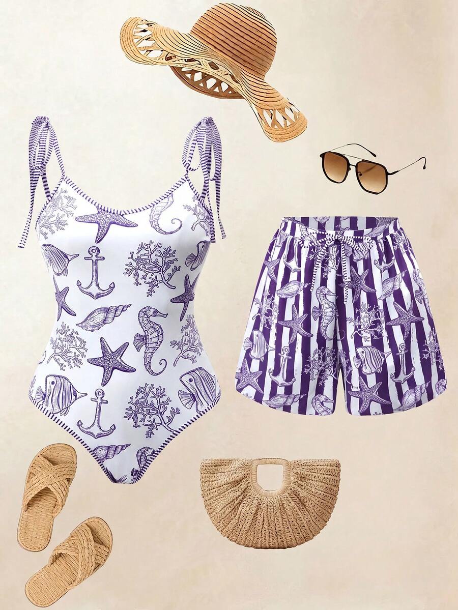 Swim Oasis 26SS 春夏度假風 魚骨 BOHO 風格 一件式泳衣附短褲 2 件套裝 - 彩色 - 查看 1
