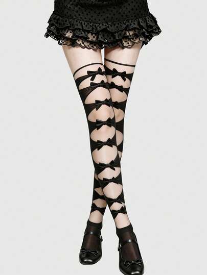 Goth 1 Pair Hollow Bow Tie Lace-Up Over-The-Knee Socks, JK Adult High Tube Socks, Elastic Thin Long Socks