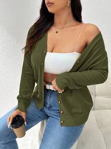 CosyJoli Women's Plus Size Solid Color Basic Cardigan, Casual Loose Button-Up Long Sleeve Top In Fall/Winter - Green - View 7