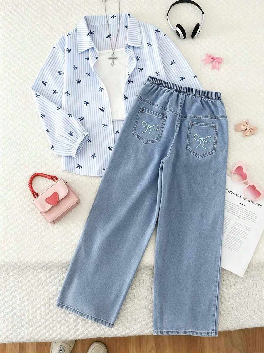 SHEIN 2件組 青少年女孩條紋長袖上衣與寬鬆淺藍色牛仔褲,甜美休閒套裝,適合春秋日常穿著 - 藍色 - 查看 1